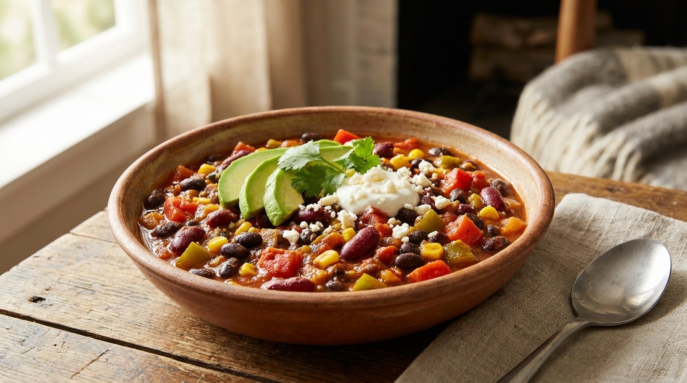 Vegetarian Chili prepared and served
